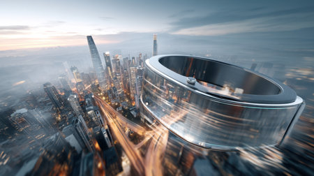 An eye-catching image showcasing a silver bracelet against a breathtaking city skyline during twilight. The contrast of lights and modern structures creates a vibrant atmosphere.の素材