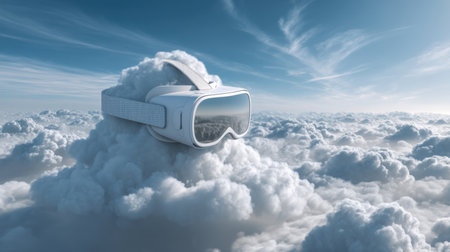 A captivating virtual reality headset rests among soft clouds, creating a surreal atmosphere. This image represents innovation and exploration in gaming technology.の素材