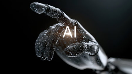 A futuristic robotic hand points towards the text "AI" surrounded by digital particles, symbolizing the intersection of technology and artificial intelligence in a sleek, modern design.の素材
