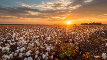 A stunning view of a cotton field during sunset, showcasing soft, white cotton blooms under warm golden light. Captures the essence of rural beauty and agriculture.の素材