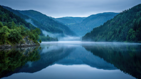 Experience the serene beauty of a misty lake embraced by lush green mountains, reflecting the sky's calm colors in tranquil waters, perfect for an escape into nature.の素材