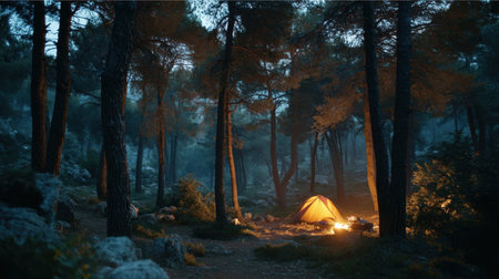 Experience a peaceful camping scene at dusk, where a bright campfire flickers beside a warm tent in a foggy, serene forest setting. Discover the tranquility of nature.の素材