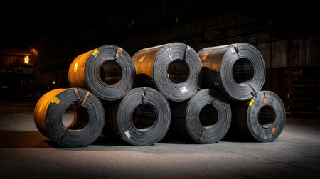 This image captures a stack of steel coils in a warehouse, illuminated with dramatic lighting. The textured surfaces highlight the industrial environment and raw materials.の素材