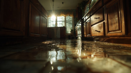 A flooded kitchen scene captures the urgency of water damage, showcasing reflections on the wet floor with sunlight filtering through the window, highlighting the need for prompt action.の素材