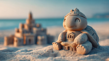 A charming sand turtle sculpture sits on a sunlit beach, with a detailed sandcastle in the background, capturing the essence of summer fun and creativity in nature.の素材
