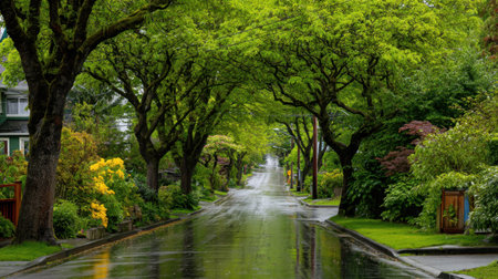 A peaceful and vibrant street lined with lush green trees and colorful plants, glistening after rain, creates a serene atmosphere perfect for relaxation.の素材