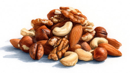 A vibrant collection of assorted nuts, including almonds, cashews, and walnuts, displayed on a clean white background, ideal for healthy snack options and nutrition.の素材