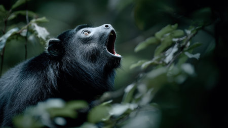 A striking black monkey is captured in a moment of vocal expression amidst lush rainforest vegetation, showcasing the beauty and dynamics of wildlife in nature.の素材