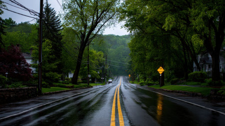 A tranquil scene featuring a rainy road lined with lush green trees, capturing the essence of a serene suburban environment on a gloomy day.の素材