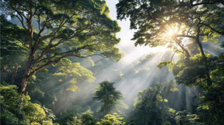 Captivating sunlight filters through a lush green canopy in a serene forest, illuminating the vibrant ecosystem and creating a tranquil atmosphere for nature lovers.の素材