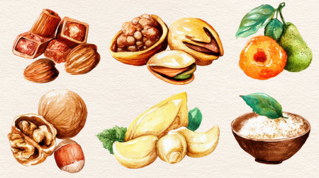 This artistic watercolor illustration showcases an appealing arrangement of various nuts and fruits, perfect for promoting healthy snacks or gourmet recipes.の素材