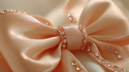 A stunning close-up of a peach satin bow adorned with sparkling embellishments, perfect for showcasing elegance in fashion and decor photography, embodying beauty and style.の素材