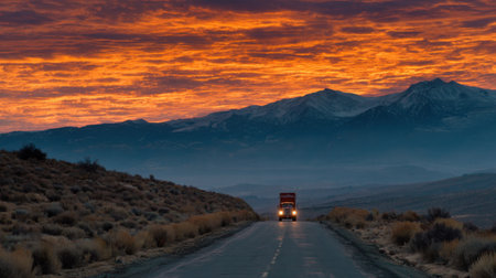 A beautiful truck travels down an empty road at sunrise, with dramatic clouds illuminating the mountainous landscape and creating a perfect scenic backdrop.の素材
