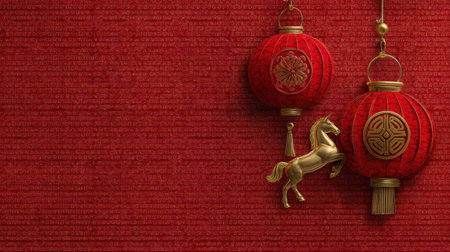 Vibrant red lanterns with gold accents create a festive atmosphere, ideal for cultural celebrations, traditional events, and special occasions showcasing elegance.の素材