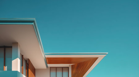 Explore a stunning modern house characterized by sleek lines and natural wood elements, set against a vibrant blue sky, embodying contemporary elegance and innovation.の素材