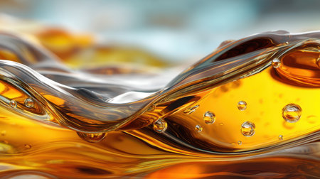 This close-up image captures the elegance of flowing liquid in warm tones, showcasing delicate waves and bubbles that create an artistic and captivating background.の素材