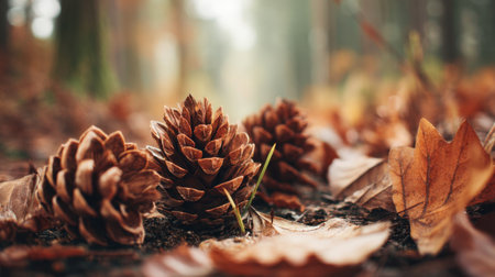 A beautiful autumn scene featuring pine cones resting on a forest floor, surrounded by vibrant fallen leaves, creating a serene atmosphere in nature's embrace.の素材