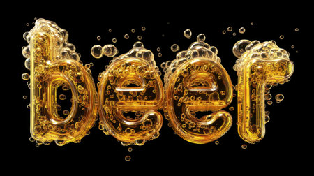 Stunning 3D representation of the word "beer" crafted from amber liquid with bubbles, ideal for marketing related to pubs, fun gatherings, or beverage promotions.の素材