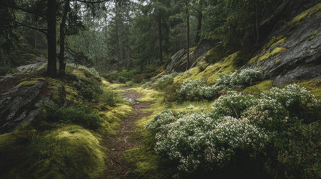 A tranquil forest pathway invites exploration, lined with lush green moss and delicate white flowers, offering a serene escape into the beauty of nature.の素材