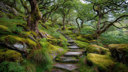 A serene forest pathway meanders through a lush, green landscape, with moss-covered stones and twisted trees creating a tranquil environment for exploration and relaxation.の素材