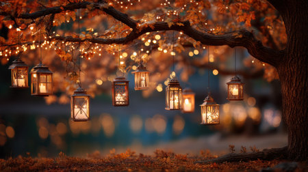 A serene autumn scene showcasing charming hanging lanterns on a tree, illuminating vibrant leaves, creating a cozy and magical atmosphere by the water.の素材