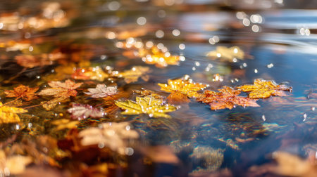 A captivating scene of vibrant autumn leaves gently floating on clear water, showcasing the beauty of nature with sparkling reflections and a tranquil atmosphere.の素材