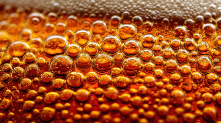 An artistic close-up of bubbles in a golden amber beverage captures the refreshing essence of carbonation, inviting enjoyment and celebration in every sparkling detail.の素材