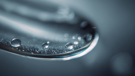 This close-up image captures delicate water droplets on a transparent surface, highlighting the play of light and intricate textures in an abstract and minimalist style.の素材