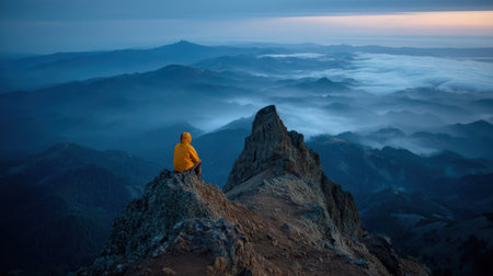 A solitary figure in a yellow jacket sits atop a rocky peak, gazing at the misty mountains below. The sunrise casts vibrant hues across the sky, creating a serene escape.の素材