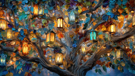 A whimsical depiction of a majestic tree adorned with colorful lanterns, casting a warm glow against vibrant leaves, creating a serene and enchanting nighttime atmosphere.の素材
