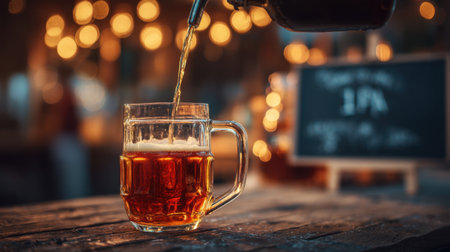 A close-up view of a beer mug being filled with amber liquid, showcasing frothy foam, against a backdrop of soft lights in a warm bar atmosphere.の素材