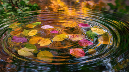 Beautiful autumn leaves in shades of yellow, orange, and red gently float on still water, creating a calming nature scene filled with vibrant colors and serene ripples.の素材