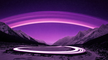 A breathtaking winter landscape features a stunning night sky adorned with a purple aurora, casting a magical glow over snowy mountains and a winding valley.の素材