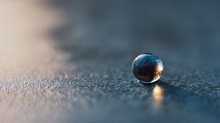A striking close-up of a crystal-clear water droplet perched on a textured surface, capturing a serene reflection of its surroundings in soft morning light.の素材