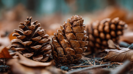 A serene close-up of pine cones resting on the forest floor, surrounded by dried leaves. The soft background enhances the earthy textures and natural beauty.の素材