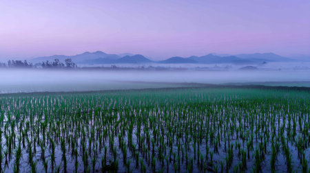 A captivating view of misty rice fields at dawn, surrounded by distant mountains under a soft pastel sky. The serene landscape captures the essence of tranquility in nature.の素材