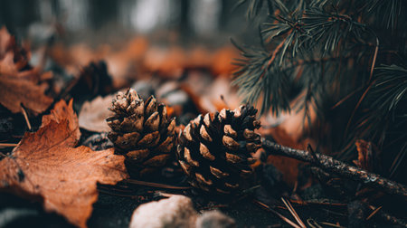 A serene composition featuring pine cones nestled among dry leaves and pine needles on the forest floor, capturing the essence of autumn's beauty and tranquility.の素材