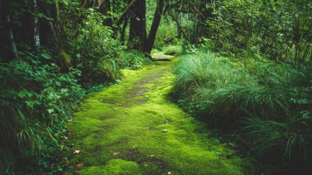 Discover a serene pathway covered in soft green moss, meandering through a dense forest rich with vibrant foliage and natural beauty. Perfect for nature enthusiasts.の素材
