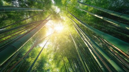 A stunning view of a bamboo forest where sunlight pierces through the tall green stems, creating a peaceful atmosphere ideal for relaxation and meditation in nature.の素材