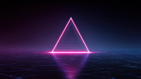 This digital artwork features a glowing neon triangle in a dark futuristic space, creating an immersive and visually striking atmosphere filled with abstract light effects.の素材