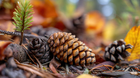 This close-up photo captures pine cones nestled among vibrant autumn leaves and pine needles, showcasing the beauty of the forest floor in a serene natural setting.の素材