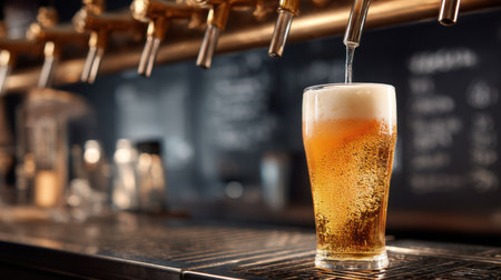A stunning image of golden beer elegantly pouring into a chilled glass at a modern bar, showcasing the rich foam and refreshing bubbles under soft ambient light.の素材