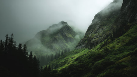 Explore a breathtaking misty mountain landscape featuring lush green hills and dense forests set in a foggy valley, evoking tranquility and natural beauty.の素材