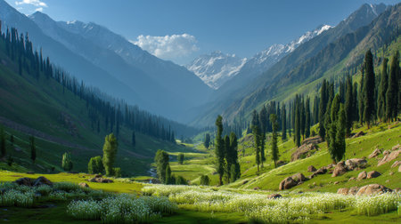 A breathtaking view of a mountainous landscape featuring bright green valleys dotted with colorful wildflowers, framed by snowcapped peaks under a clear blue sky.の素材