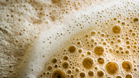 This close-up image showcases the rich texture of golden brown beer foam, accentuated by bubbles and carbonation, perfect for beverage promotions or culinary themes.の素材
