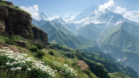 Stunning mountain landscape showcasing dramatic peaks and lush green hills, illuminated by bright sunlight under a clear blue sky, perfect for nature enthusiasts.の素材
