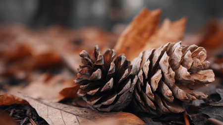 A beautiful close-up photograph of two pine cones resting on a bed of autumn leaves, illustrating the serene and earthy beauty of nature during the seasonal transition.の素材