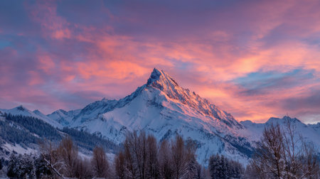 A breathtaking view of a snow-capped mountain peak reflecting the colors of a stunning sunrise, surrounded by a serene winter landscape and vibrant clouds.の素材
