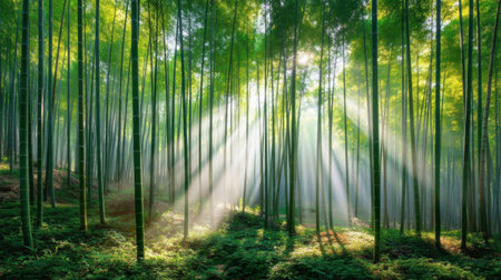 A serene bamboo forest showcases sunlight streaming through lush green leaves, creating a peaceful atmosphere with mist softly enveloping the surroundings.の素材