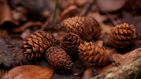 This image features a collection of brown pine cones resting on soft earth and surrounded by fallen leaves, showcasing a tranquil forest scene rich in natural beauty.の素材